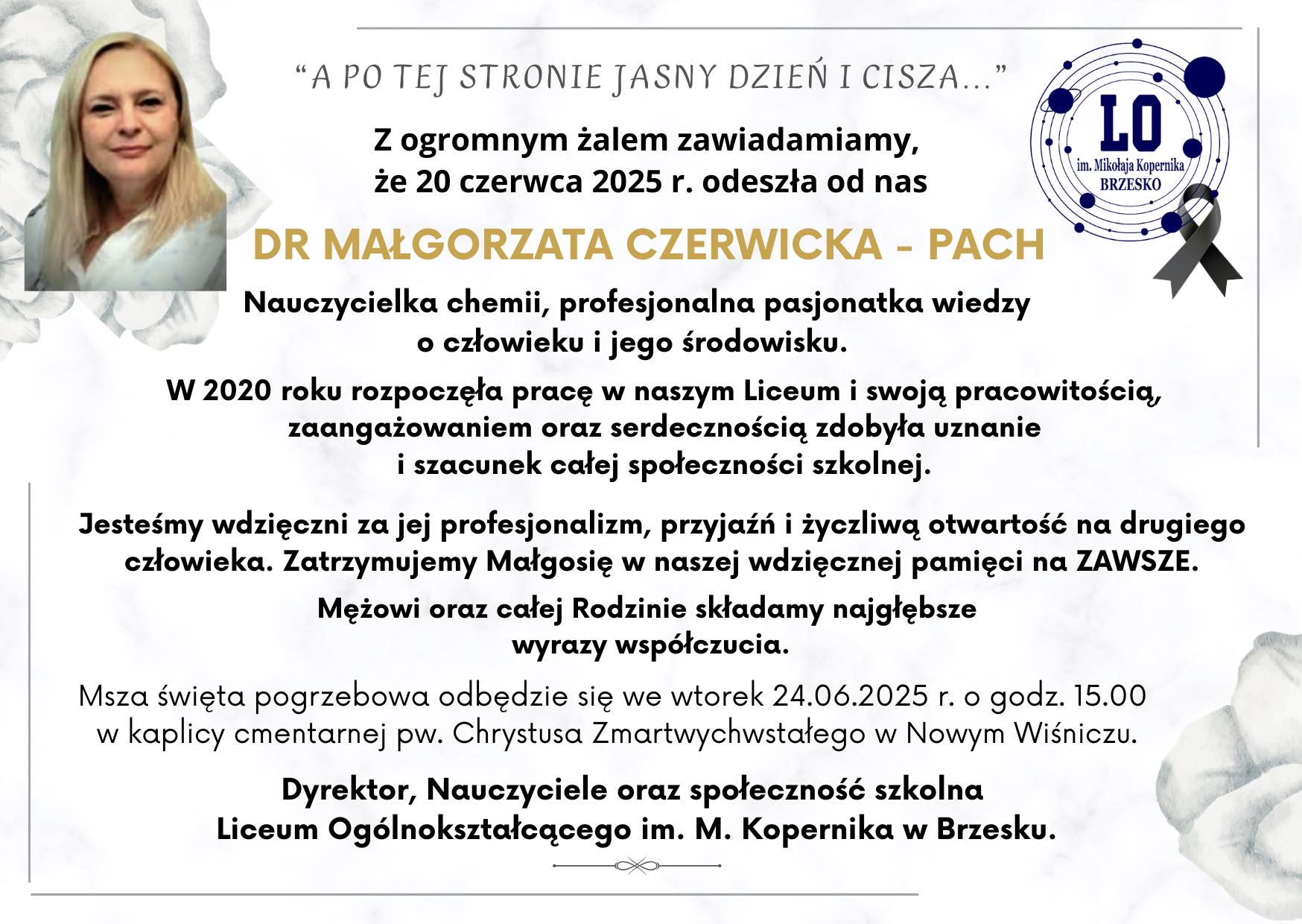 Zmarła dr Małgorzata Czerwicka-Pach nauczycielka chemii w brzeskim Liceum Ogólnokształcącym