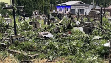 cmentarz i zniszczone nagrobki, przeszła nawałnica, duży wiatr. W oddali widać drzewa, bloki i niebo
