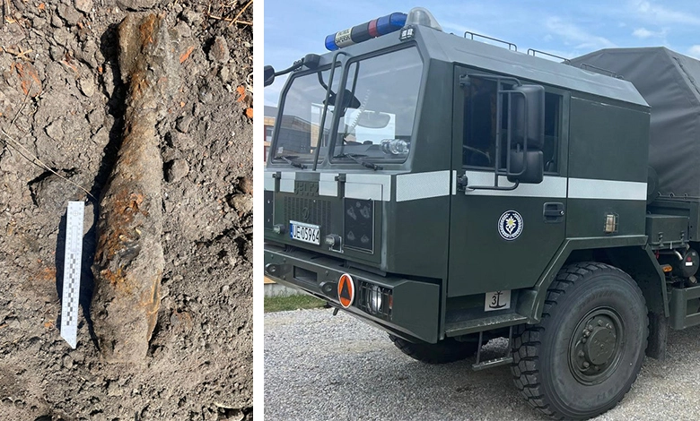 Pocisk artyleryjski moździerzowy o kalibrze 150 mm o zasięgu rażenia do 200 metrów w ziemi, samochód wojskowy - saperzy
