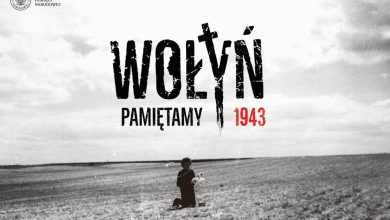 Grafika upamiętniająca rzeź wołyńską z 1943 roku. Na środku widnieje napis: „WOŁYŃ” (litera „Ł” stylizowana na krzyż), poniżej słowa: „PAMIĘTAMY 1943” – z rokiem zapisanym na czerwono. W tle czarno-białe zdjęcie przedstawia samotne dziecko klęczące na pustym polu, co nadaje obrazowi poważny, refleksyjny charakter. W lewym górnym rogu znajduje się logo Instytutu Pamięci Narodowej.