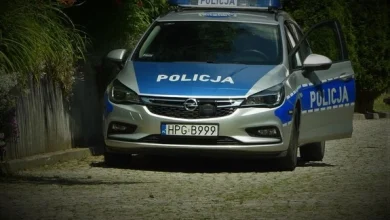 onakowany radiowóz policyjny, kontrolujący pojazdy, ciemna ulica