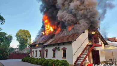 Budynek parterowy z poddaszem, pożar dachu, duże zadymienie i inensywny ogień, w tle widać zieleń i błękitne niebo
