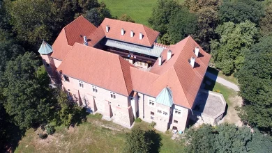 Zamek z czerwonym dachem, otoczony zielenią i drzewami. Budowla ma kształt zbliżony do prostokąta z wewnętrznym dziedzińcem, co sugeruje, że jest to zamek typu czworobocznego. Dachy są strome, kryte czerwoną dachówką, a naroża budowli są zaakcentowane wieżyczkami z niebiesko-zielonymi hełmami. Zamek wykonany jest z kamienia lub cegły, a elewacje pokazują elementy typowe dla architektury średniowiecznej lub renesansowej. Budowla znajduje się w lesistej okolicy z otwartą przestrzenią w tle.