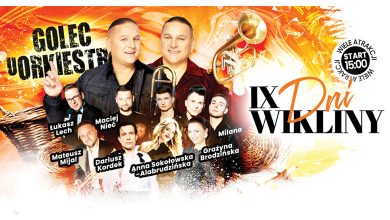Plakat promuje wydarzenie „IX Dni Wikliny”. Na plakacie widnieją następujące informacje i elementy: Główna gwiazda: Golec uOrkiestra (duże zdjęcie i nazwa zespołu na środku plakatu). Pozostali artyści: Łukasz Lech Mateusz Mijal Maciej Nieć Dariusz Kordek Anna Sokołowska-Alabrudzińska Grażyna Brodzińska Zespół Milano Data/godzina wydarzenia: Start o godz. 15:00 (w okręgu z napisem „Wiele atrakcji!”). Lokalizacja: Wiele, Park (prawdopodobnie miejscowość Wiele w Polsce). Tło zawiera energetyczne, pomarańczowe barwy i grafiki wiklinowe, co koresponduje z nazwą imprezy. Plakat zachęca do udziału w pełnym atrakcji wydarzeniu kulturalnym z muzyką i występami na żywo.