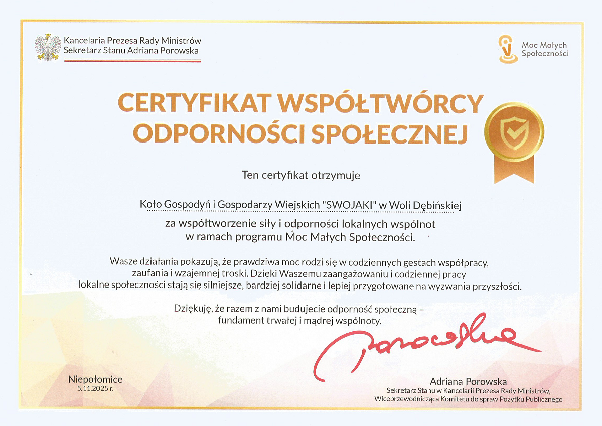 Certyfikat Współtwórcy Odporności Społecznej dla Koła Gospodyń i Gospodarzy Wiejskich „SWOJAKI” z Woli Dębińskiej !