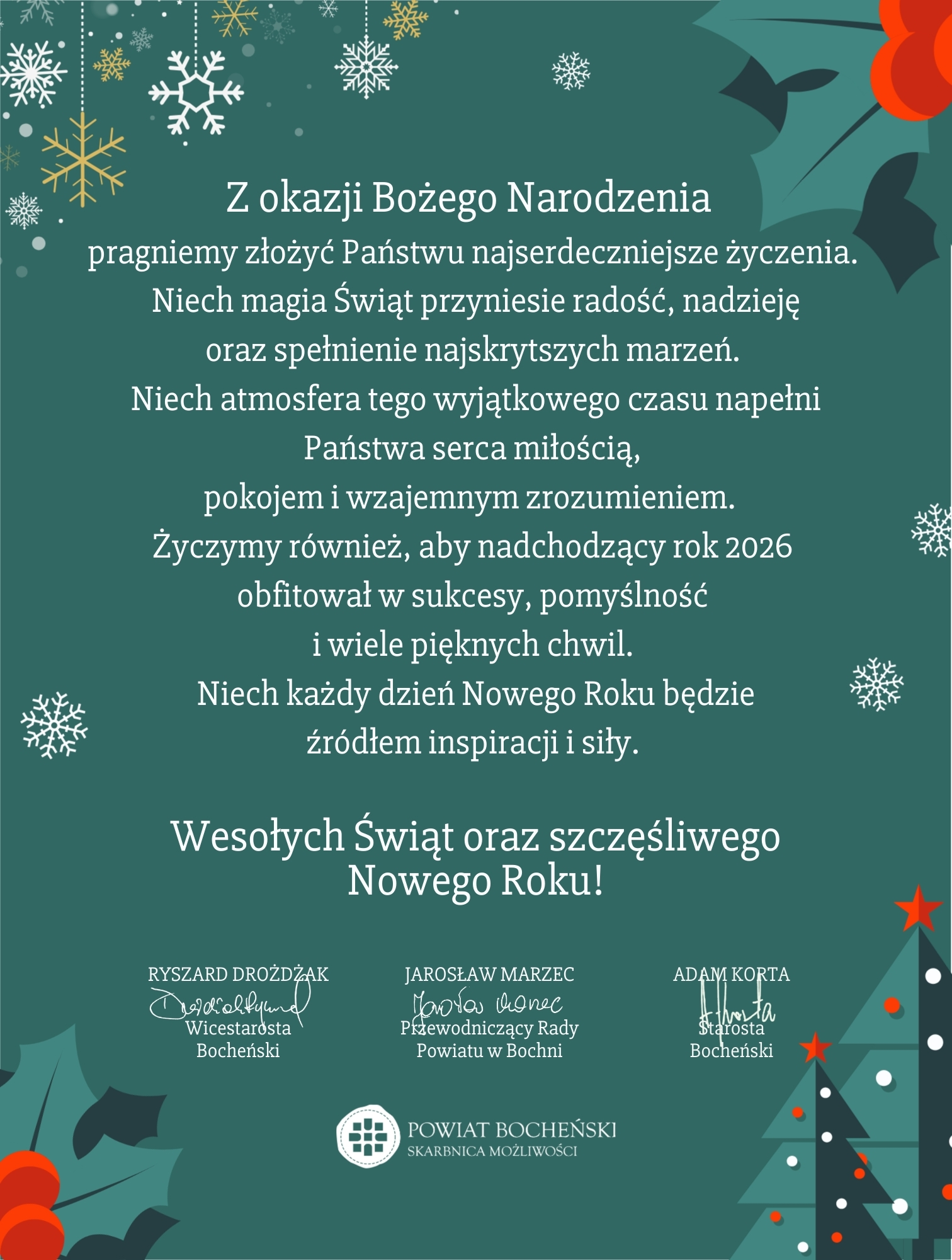 Wesołych Świąt oraz szczęśliwego Nowego Roku! życzy Starostwo Powiatowe w Bochni