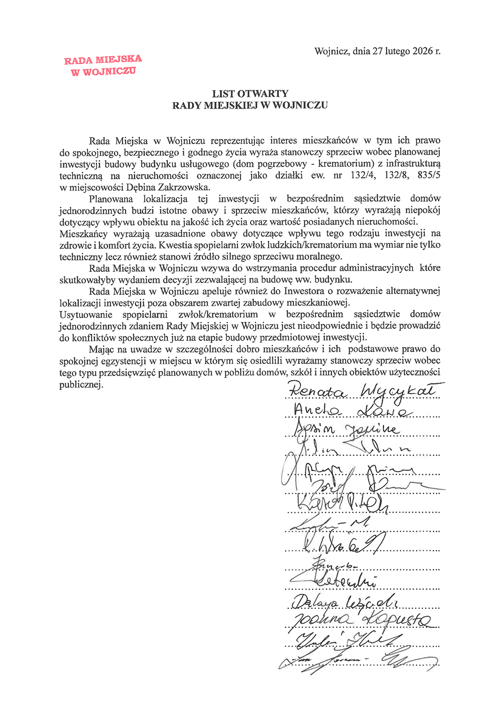 Rada Miejska w Wojniczu przeciw planowanej budowie krematorium w Dębinie Zakrzowskiej
