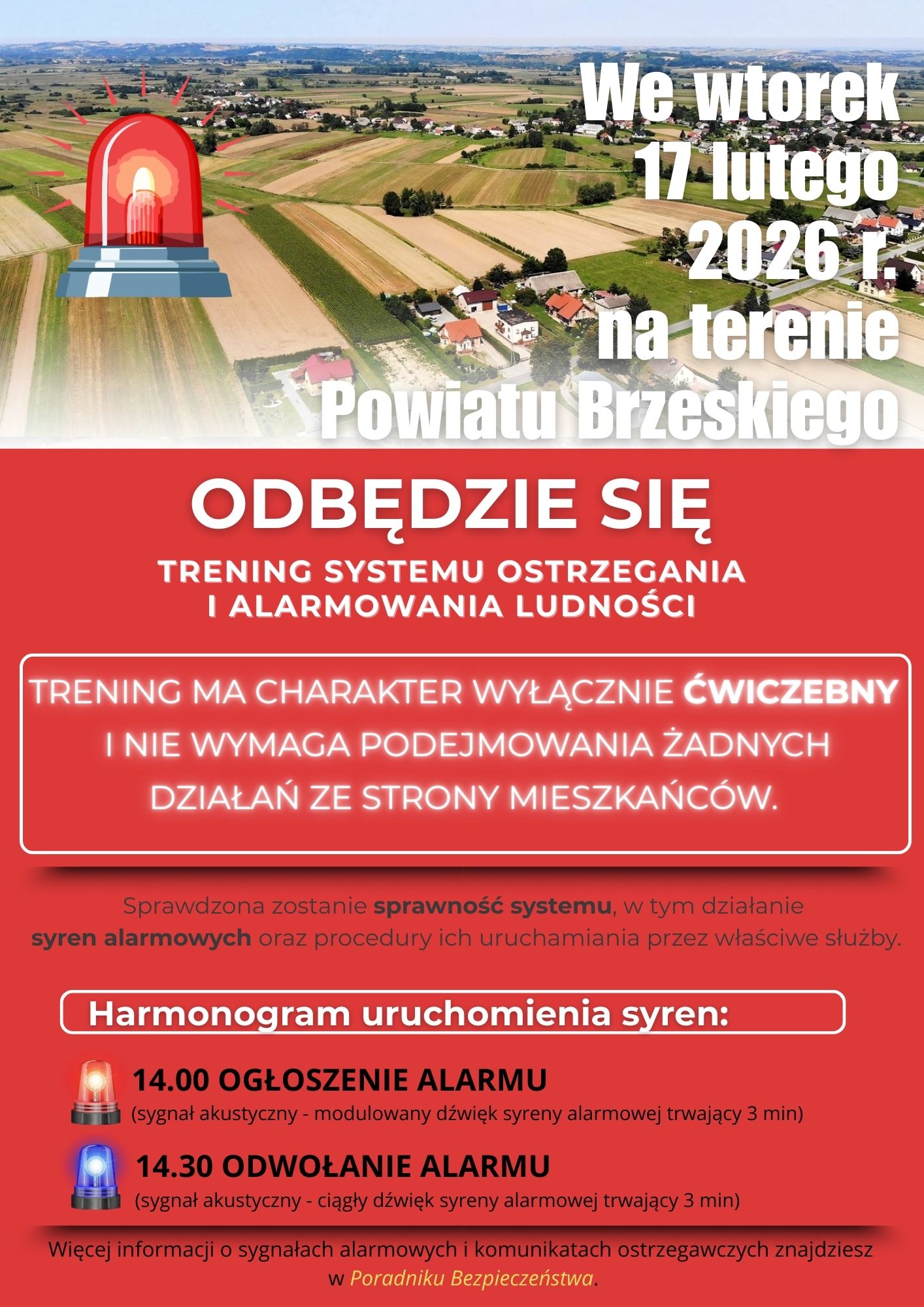 W Powiecie Brzeskim zawyją syreny. Ćwiczenia systemu alarmowego – 17 lutego 2026 r.