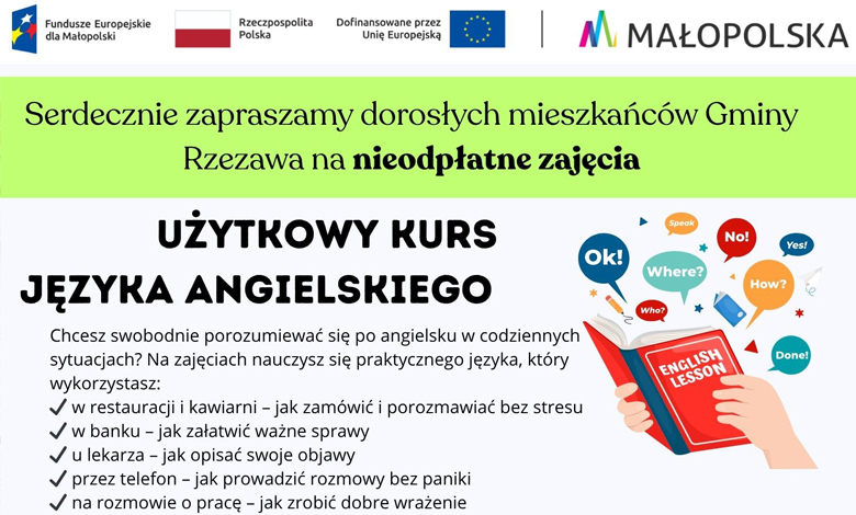 Zapraszamy dorosłych mieszkańców Gminy Rzezawa na bezpłatny UŻYTKOWY KURS JĘZYKA ANGIELSKIEGO !!!