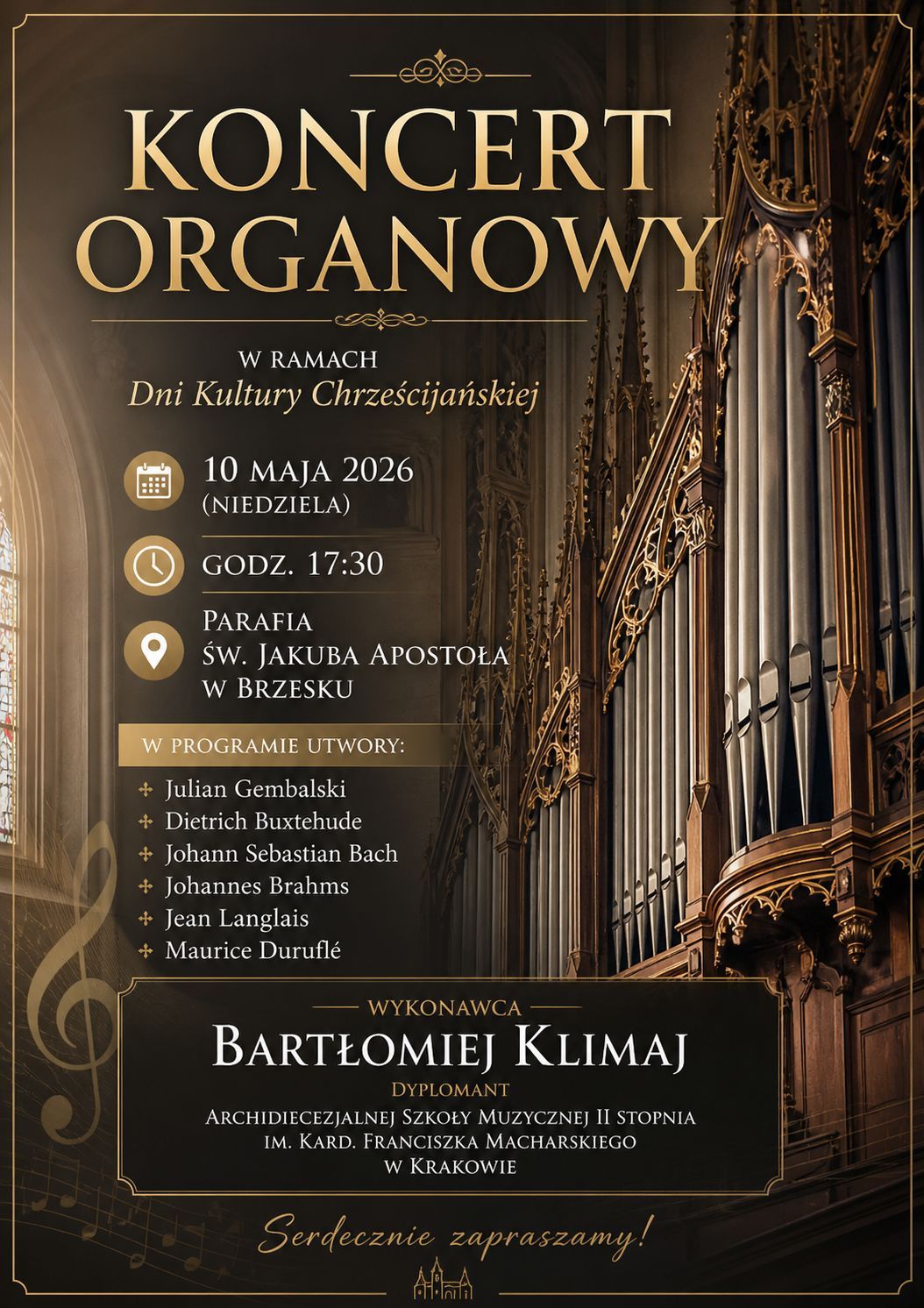 Koncert organowy w brzeskiej farze. Muzyka mistrzów zabrzmi 10 maja 2026 r.