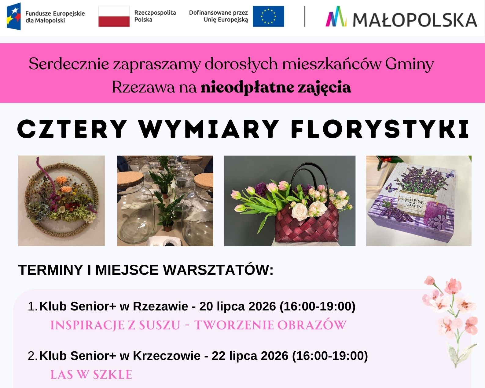 Zapraszamy dorosłych mieszkańców Gminy Rzezawa na bezpłatne WARSZTATY FLORYSTYCZNE – „CZTERY WYMIARY FLORYSTYKI” !!!