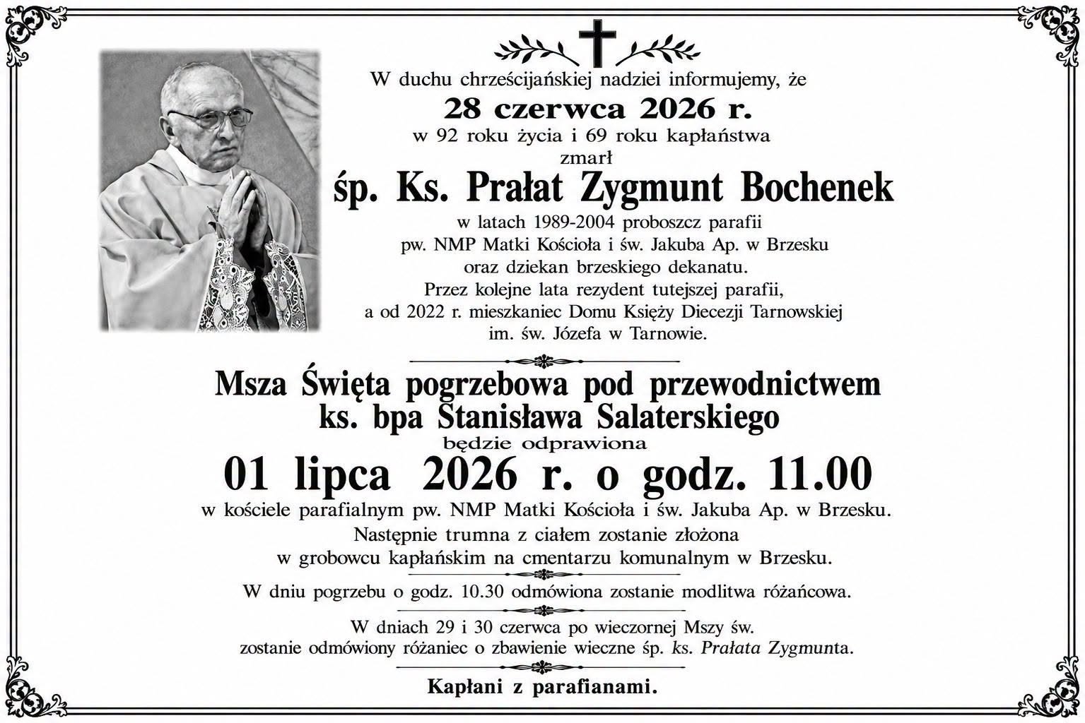 Pogrzeb księdza prałata Zygmunta Bochenka. W środę Brzesko pożegna wieloletniego proboszcza