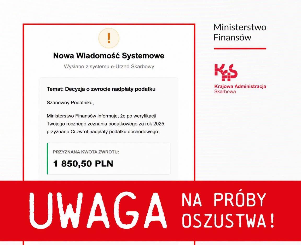 Uwaga na fałszywe e-maile o zwrocie podatku
