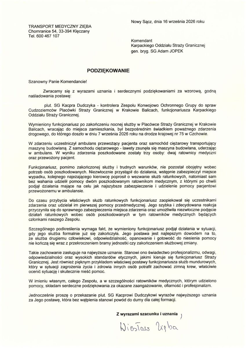 Bohaterska postawa funkcjonariusza KaOSG po służbie. Pomógł ofiarom groźnego wypadku w Czchowie